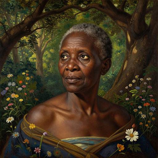 Digital painting of an elderly African woman with short gray hair, deep brown skin, and golden eyes, surrounded by a vibrant forest of colorful flowers, and