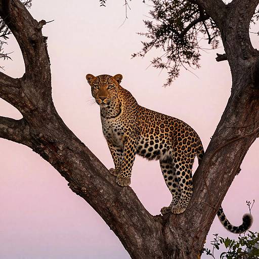 Leopard on Gnarled Tree Branch at Dawn