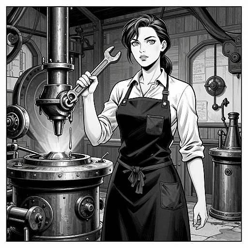 Black-and-white manga-style drawing of a focused woman in an apron, using a wrench on a large industrial machine in a workshop.
