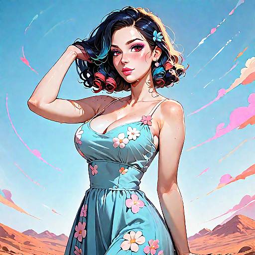 Stylized Woman in Blue Floral Sundress