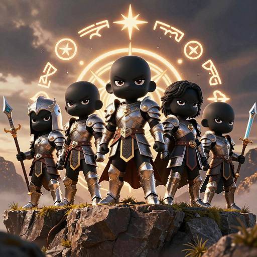 CGI image of four black-skinned, chibi-style armored warriors with determined expressions, standing on a rocky cliff, holding weapons, with glowing runes