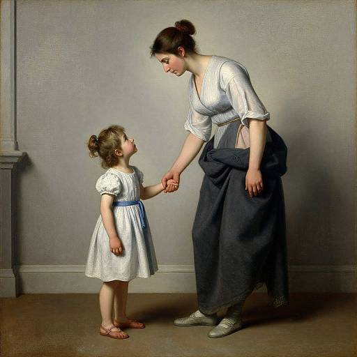 Photograph of a Caucasian woman with brown hair in a bun, white blouse, and navy skirt, holding hands with her young daughter in a white dress