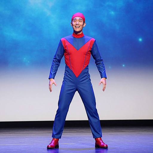 Photograph of a smiling man in a red and blue superhero costume, red shoes, and red cap, standing confidently on stage against a blue gradient background