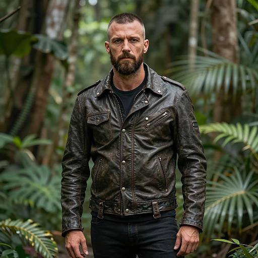 Rugged Man in Leather Jacket in Jungle