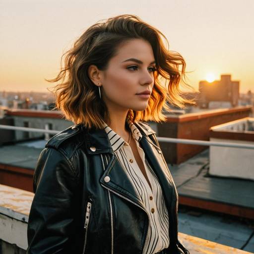 Woman with 540 Waves Hairstyle on Rooftop at Sunset
