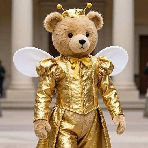 Photograph of a plush teddy bear dressed in a shiny gold costume with puffed sleeves, white wings, and a crown, standing in front of