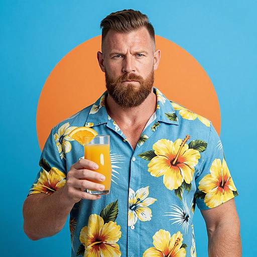 Bearded man with short brown hair, wearing a blue hibiscus-patterned shirt, holds an orange juice glass, against a bright blue background