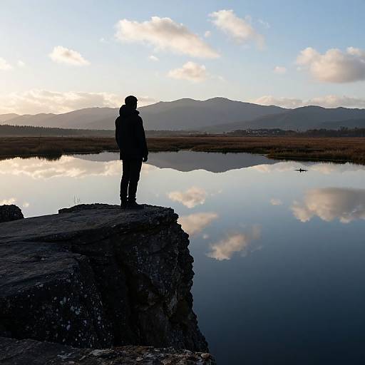 Silhouetted person with backpack stands on rocky ledge, gazing at serene lake reflecting clouds and mountains at sunset. Photograph.