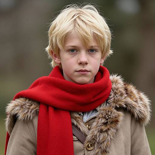 Photograph of a young blond boy with blue eyes, wearing a red scarf, brown fur-trimmed coat, and buttoned shirt, standing outdoors