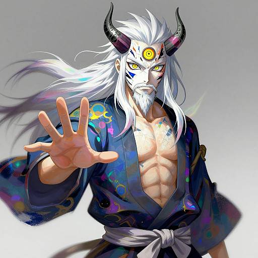 Digital anime-style drawing of a muscular, white-haired demon with black horns, yellow eyes, and a floral kimono, reaching out menacingly.