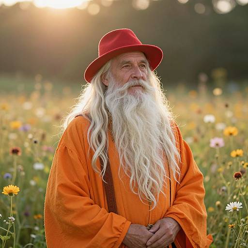 Photograph of an elderly white man with long white beard, red hat, and orange robe, standing in a sunlit meadow of colorful wildflowers