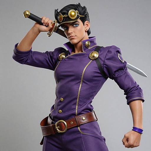 Digital art of a muscular, dark-haired male anime character in a purple military-style uniform, holding a sword above his right shoulder, wearing a gold-r