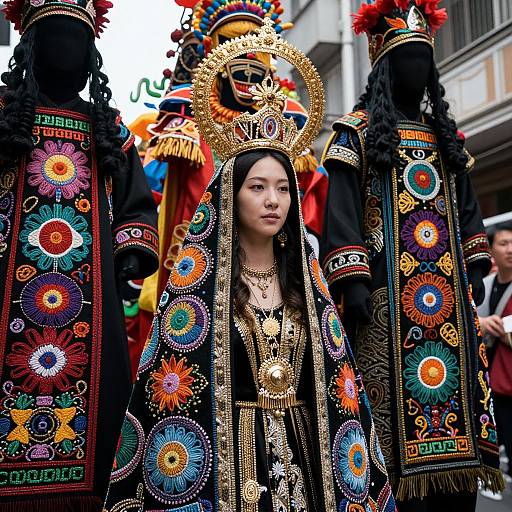 Photograph of an Asian woman in ornate, colorful traditional attire with intricate embroidery, golden headdress, and floral patterns, surrounded by similarly dressed individuals