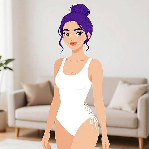 Digital illustration of a smiling woman with purple hair in a bun, wearing a white, high-cut swimsuit, standing in a bright, modern living room