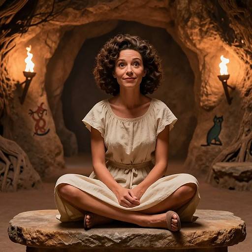 Photograph of a curly-haired woman in a beige dress, sitting cross-legged on a stone in a dimly-lit cave with torches, cave
