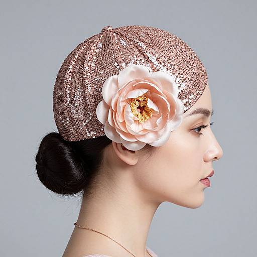 Photograph of a woman with fair skin, dark hair in a bun, wearing a pink sequined headband with a large peach rose, profile view