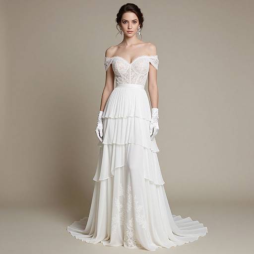 Photograph of a dark-haired woman in an off-shoulder, white lace wedding gown with layered ruffles and white gloves, standing against a plain