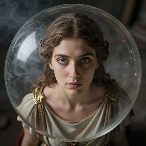 Photograph of a young woman with wavy brown hair, blue eyes, and fair skin, wearing a transparent bubble helmet and ancient-style, beige,