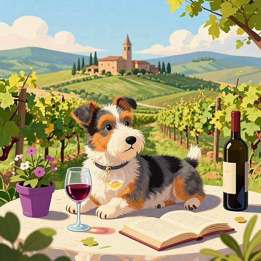 Digital illustration of a cute, black-and-white puppy with a collar, lying on a table with wine, glass, flowers, and an open book,