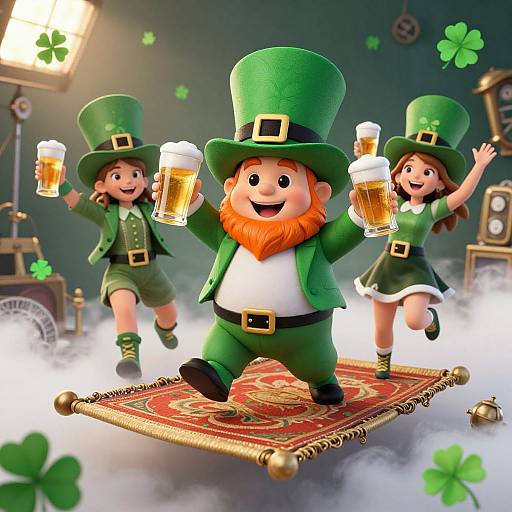 Digital illustration of three cheerful leprechauns in green outfits, top hats, and holding beer mugs, dancing on a red rug in a fog
