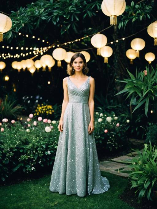 Woman in Sparkly Evening Gown at Garden Party