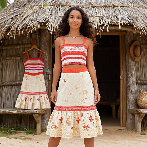 Photograph of a smiling, curly-haired woman in a red-and-white striped crop top and floral-patterned skirt, standing in front of a rustic that