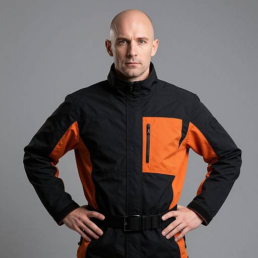 Bald Man in Black and Orange Jacket