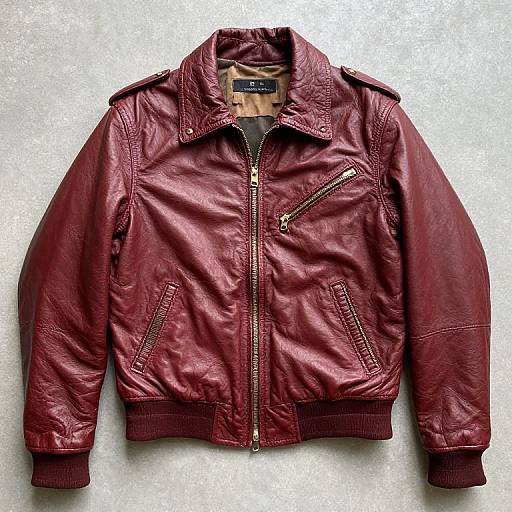 Photograph of a burgundy leather bomber jacket with gold zipper, chest pocket, and epaulettes, displayed on a textured white background.