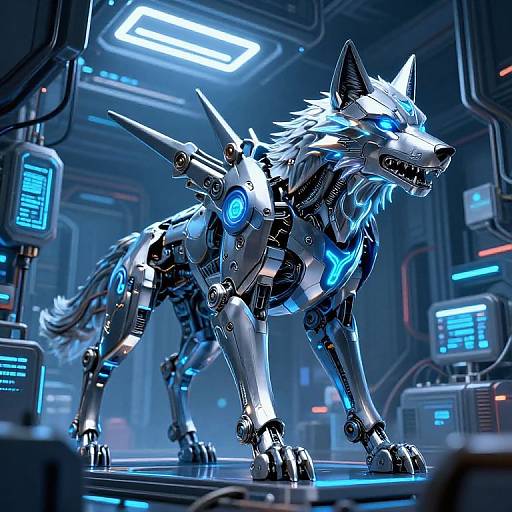 Digital CGI image of a futuristic, metallic wolf robot with glowing blue accents, standing in a high-tech, neon-lit laboratory.