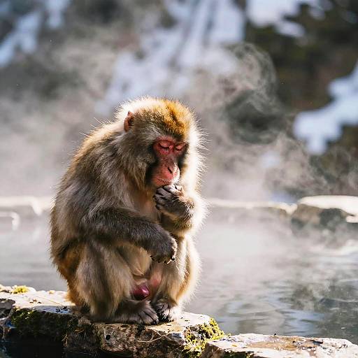 Japanese Macaque Grooming in Winter Forest