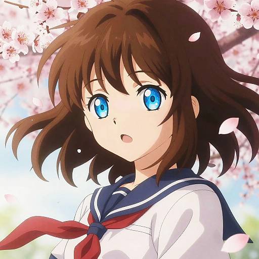Anime Girl with Blue Eyes and Cherry Blossoms