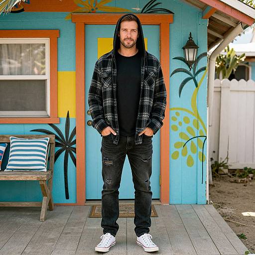 Photograph of a bearded man with long black hair, wearing a black plaid jacket, black shirt, ripped jeans, and white sneakers, standing