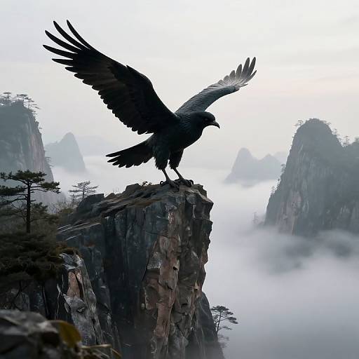 Photograph of a large black raven with outstretched wings perched on a rocky peak amidst misty, mountainous terrain with pine trees.