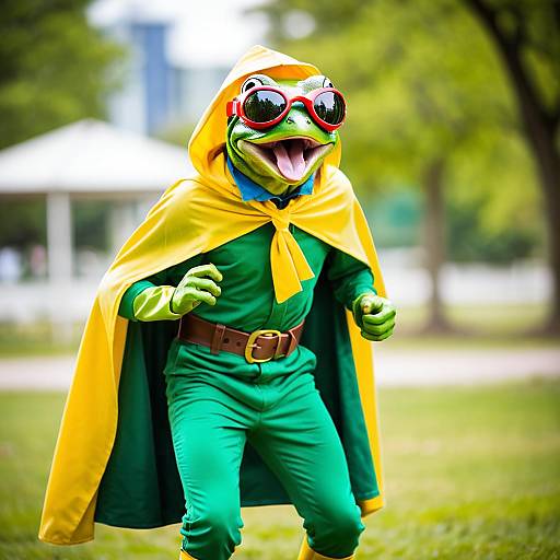 Frog Character in Yellow Cape and Red Sunglasses
