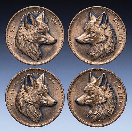 Photograph of four detailed, silver-colored coins with a wolf's head profile facing left, each featuring 
