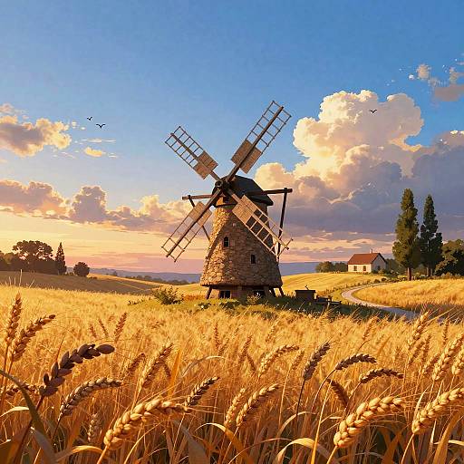 Sunset Over Wheat Fields Illustration