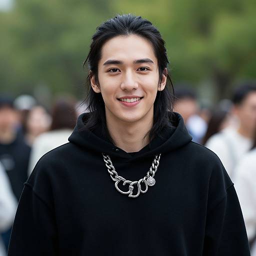 Photograph of an East Asian man with long black hair, wearing a black hoodie and silver chain necklace, smiling outdoors. Blurred green trees and people
