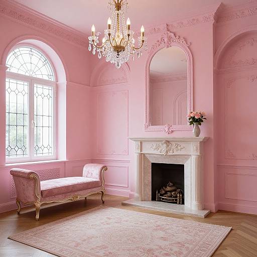 Photograph of a pink-themed living room with a crystal chandelier, white ornate fireplace, pink upholstered bench, floral vase, arched window