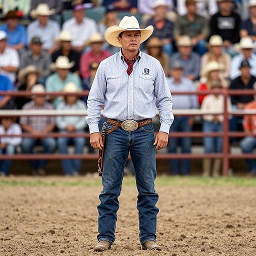 Photograph of a middle-aged man in a white cowboy hat, white shirt, and blue jeans standing in a rodeo arena, with a blurred crowd