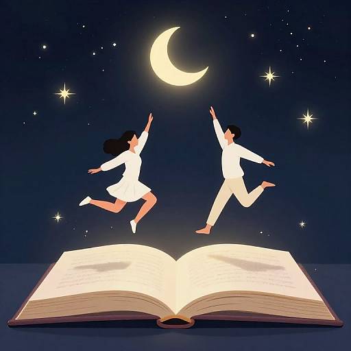 Illustration of a girl and boy in white, jumping above an open book under a crescent moon and stars.