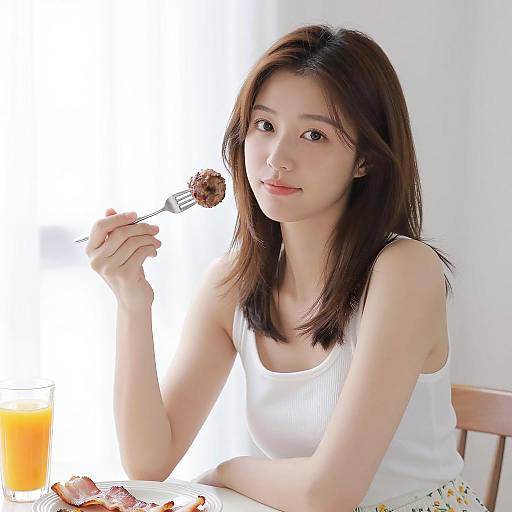 Bright Dining Scene with Asian Woman