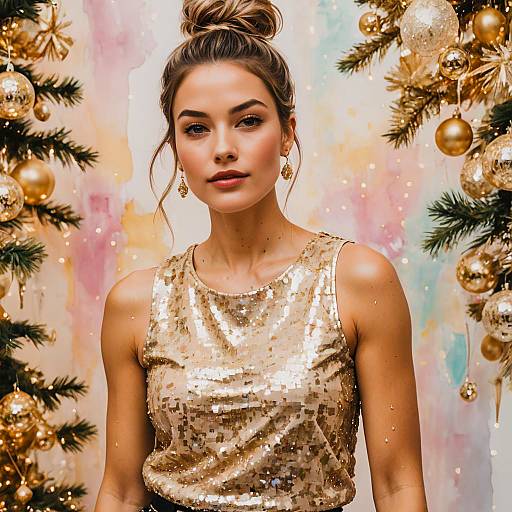 Woman in Gold Sequin Top with Christmas Decorations