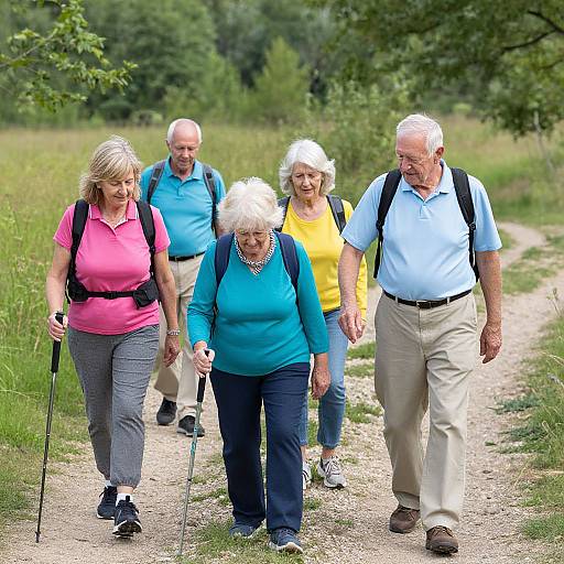 Photograph of five elderly adults walking on a dirt path in a green, wooded area. They wear casual clothes, backpacks, and use walking sticks