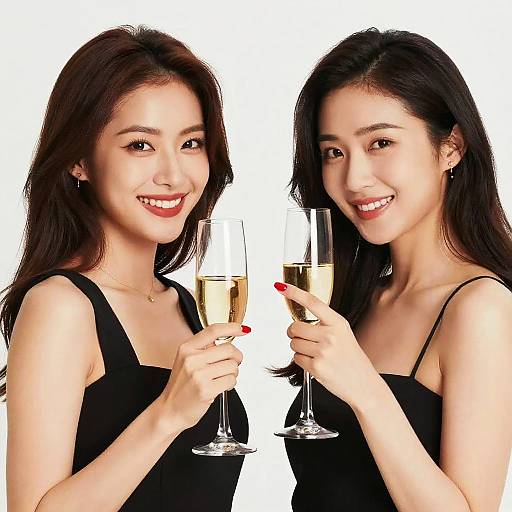Photograph of two smiling Asian women with long black hair, wearing black dresses, raising champagne flutes against a white background.