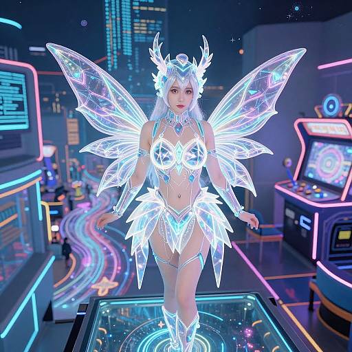Neon-lit cyberpunk scene featuring a glowing, ethereal female fairy with translucent wings, crystal crown, and intricate, icy blue lingerie. Background