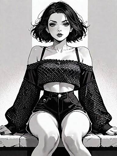 Stylish Woman in Black Grid Pattern Top and Scalloped Shorts