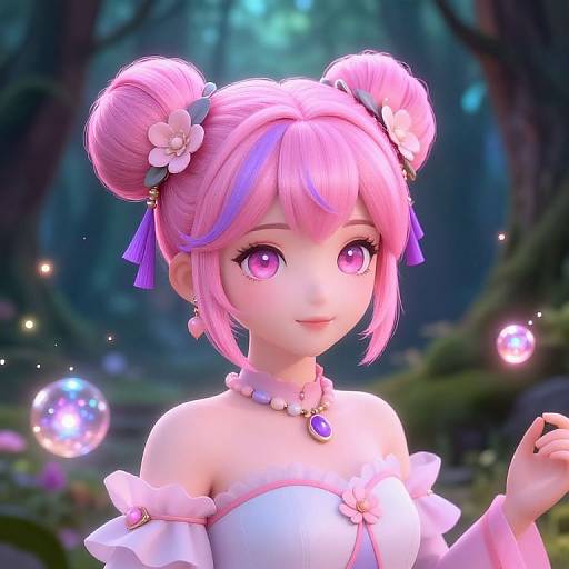 CGI anime-style girl with pink and purple hair in double buns, large purple eyes, wearing off-shoulder white dress, surrounded by glowing