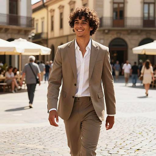 Photograph of a smiling young man with curly hair, wearing a beige suit and white shirt, walking in a sunlit, cobblestone plaza with