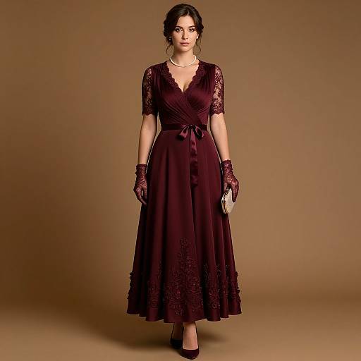 Photograph of a woman with dark hair in an elegant, deep burgundy lace dress, matching gloves, and holding a clutch, standing against a plain