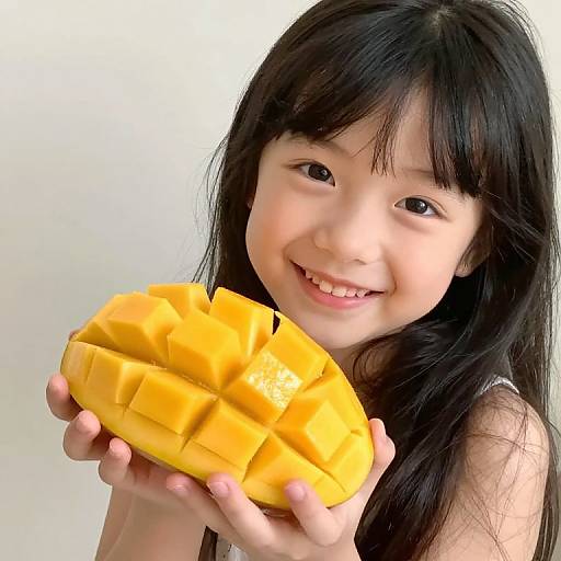 Joyful Girl Holding Fresh Mango Wedges